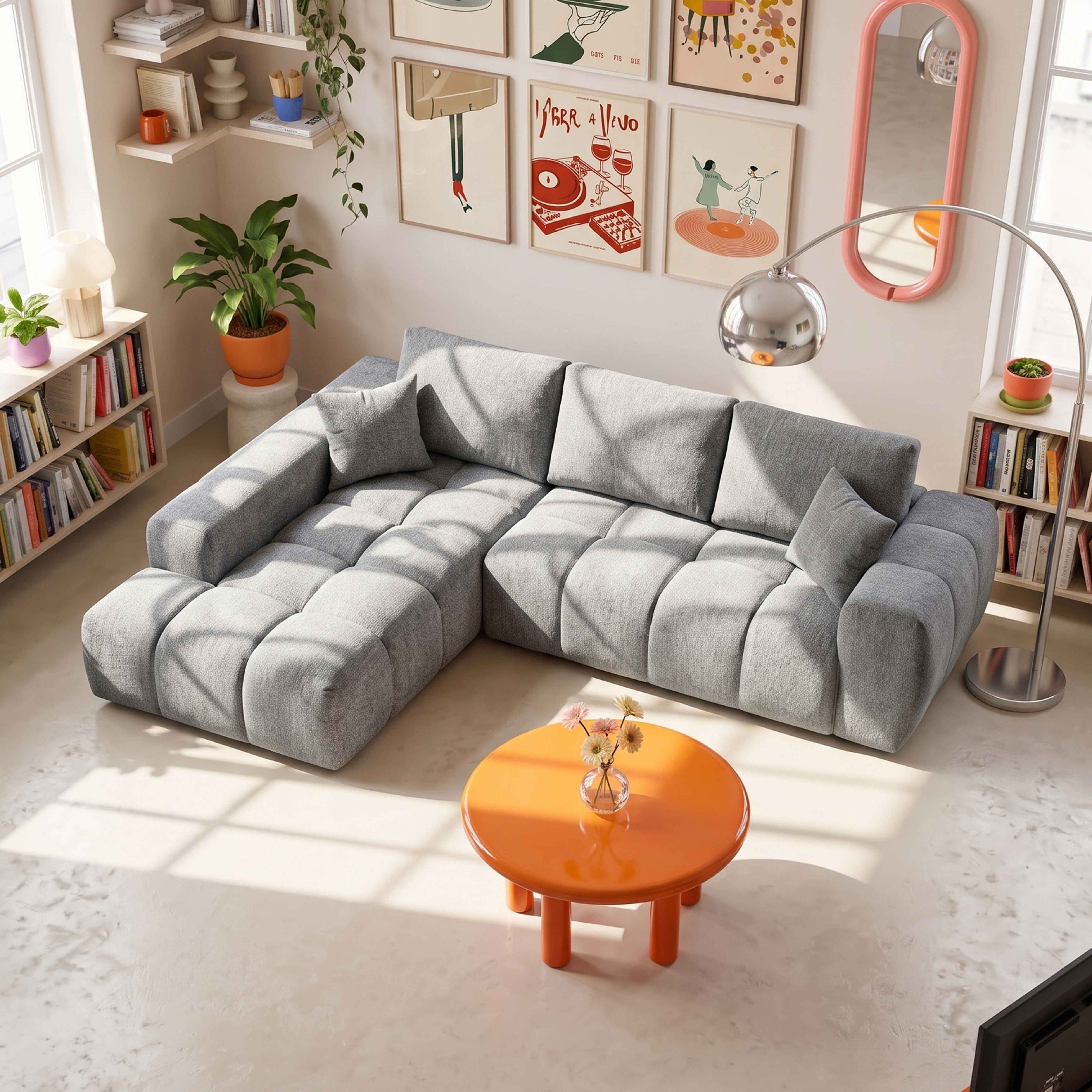Ein graues Schnittsofa steht in einem hellen Raum vor einer Bilderwand, mit einem runden orangefarbenen Tisch vorne.