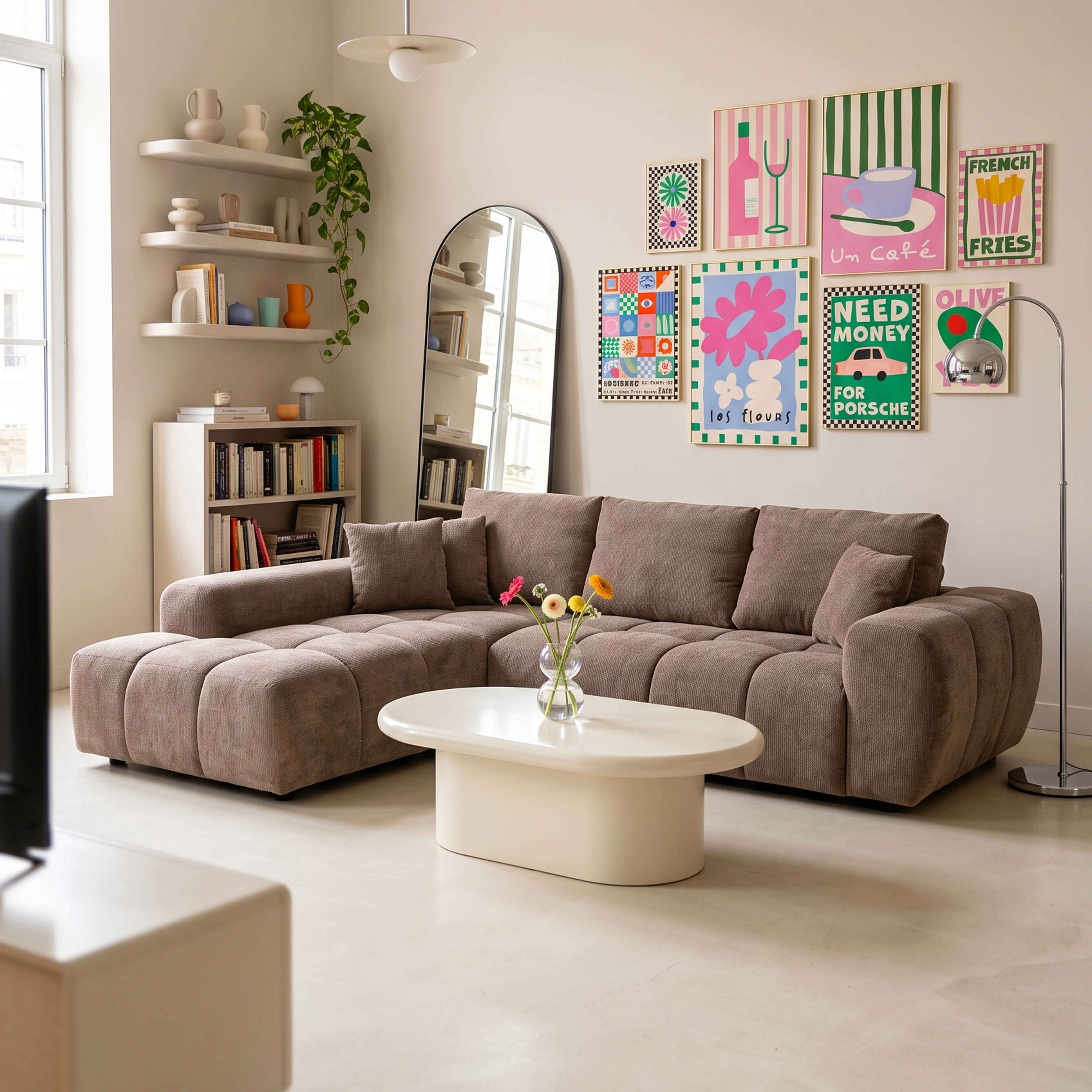 Gemütliches Wohnzimmer mit braunem Sofa, weißem Couchtisch, farbenfrohen Postern und Pflanzen.