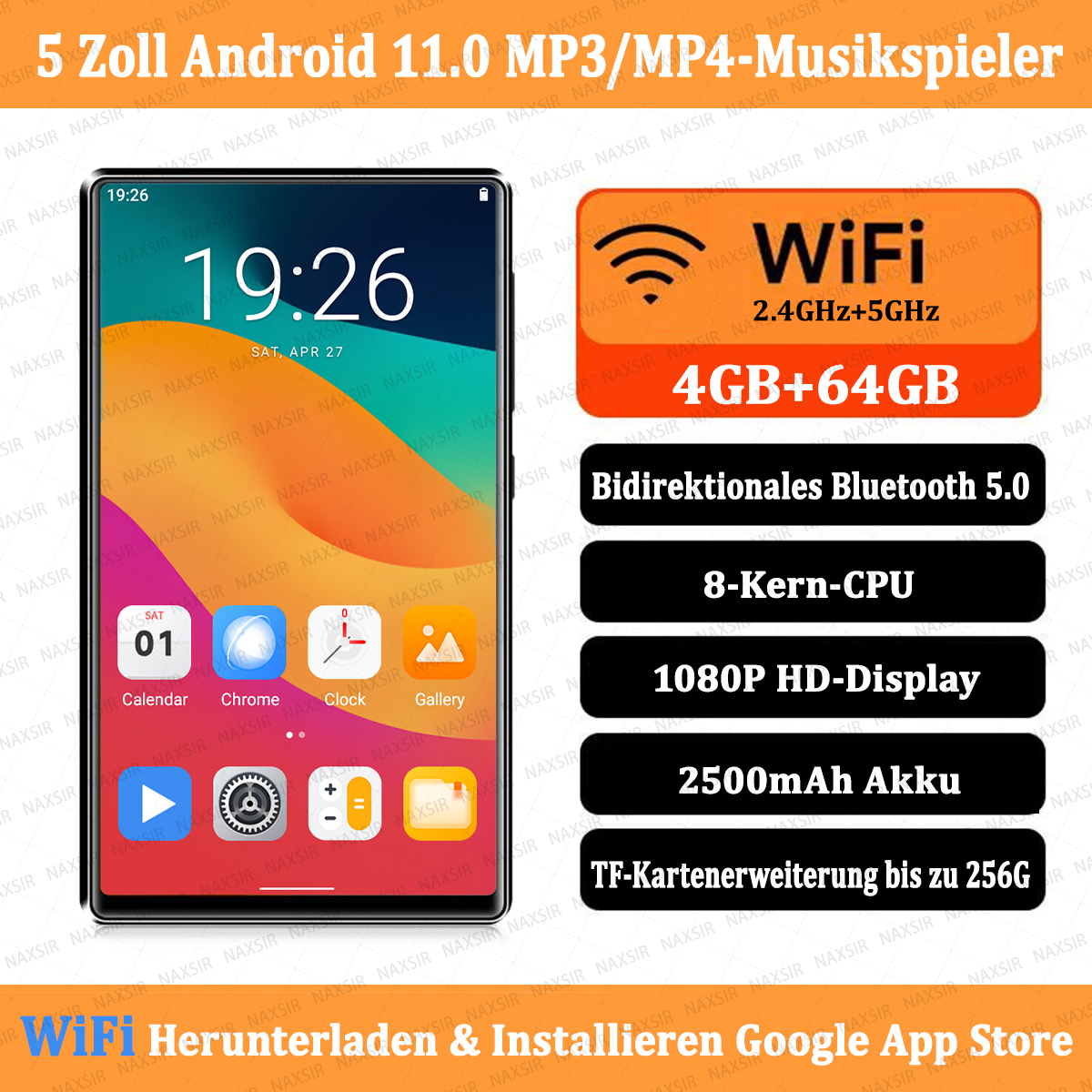 Lettore musicale Android 11 da 5 pollici con WiFi, Bluetooth 5.0 e memoria 4GB+64GB.