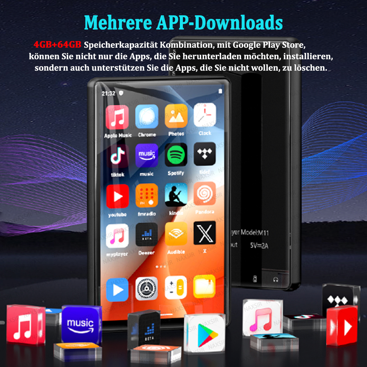 Lettore MP3 con touchscreen che mostra numerose icone di app.
