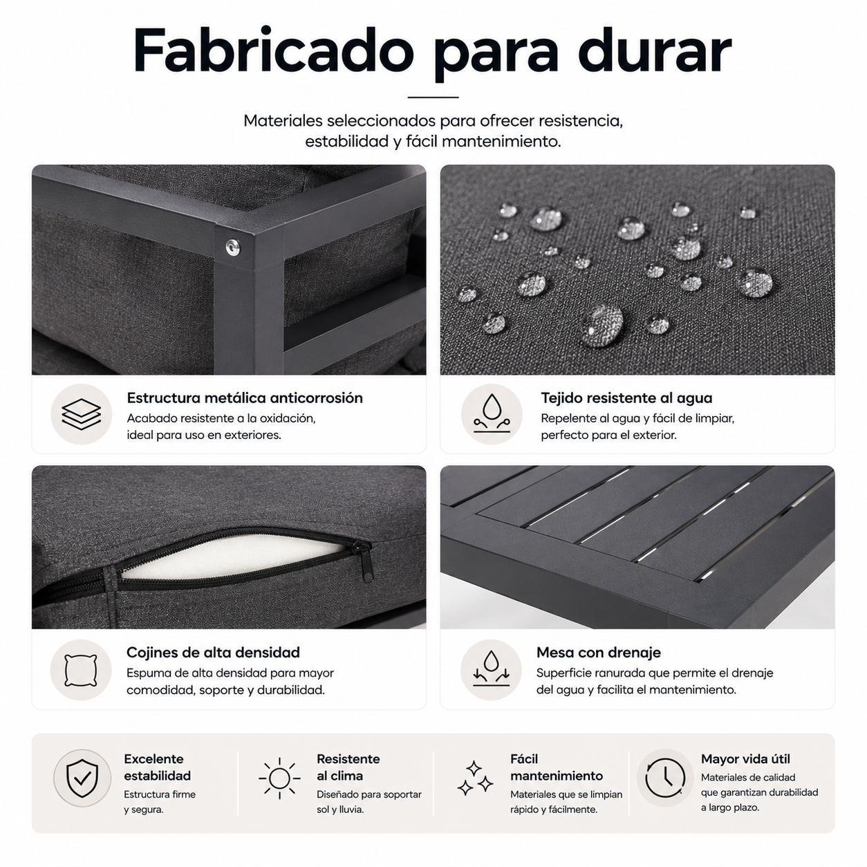Características del producto: estructura metálica, tela resistente al agua, cojines de alta densidad y mesa ranurada.