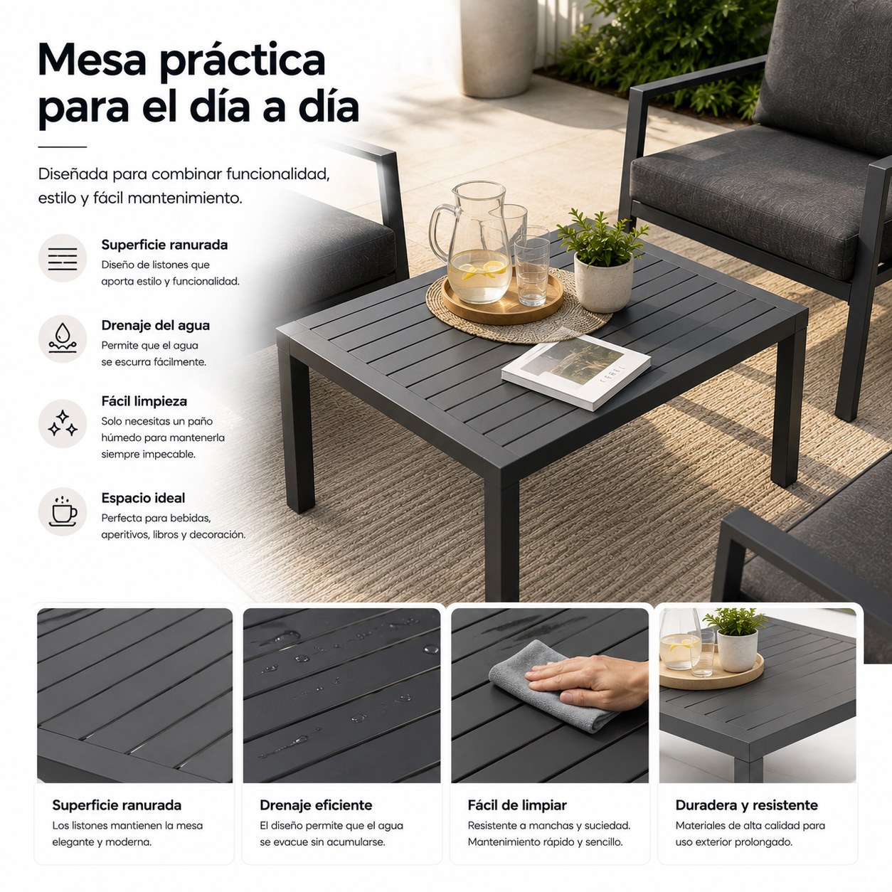 Mesa de centro exterior negra con listones, jarra, vasos, planta y libro encima, rodeada de sillones.