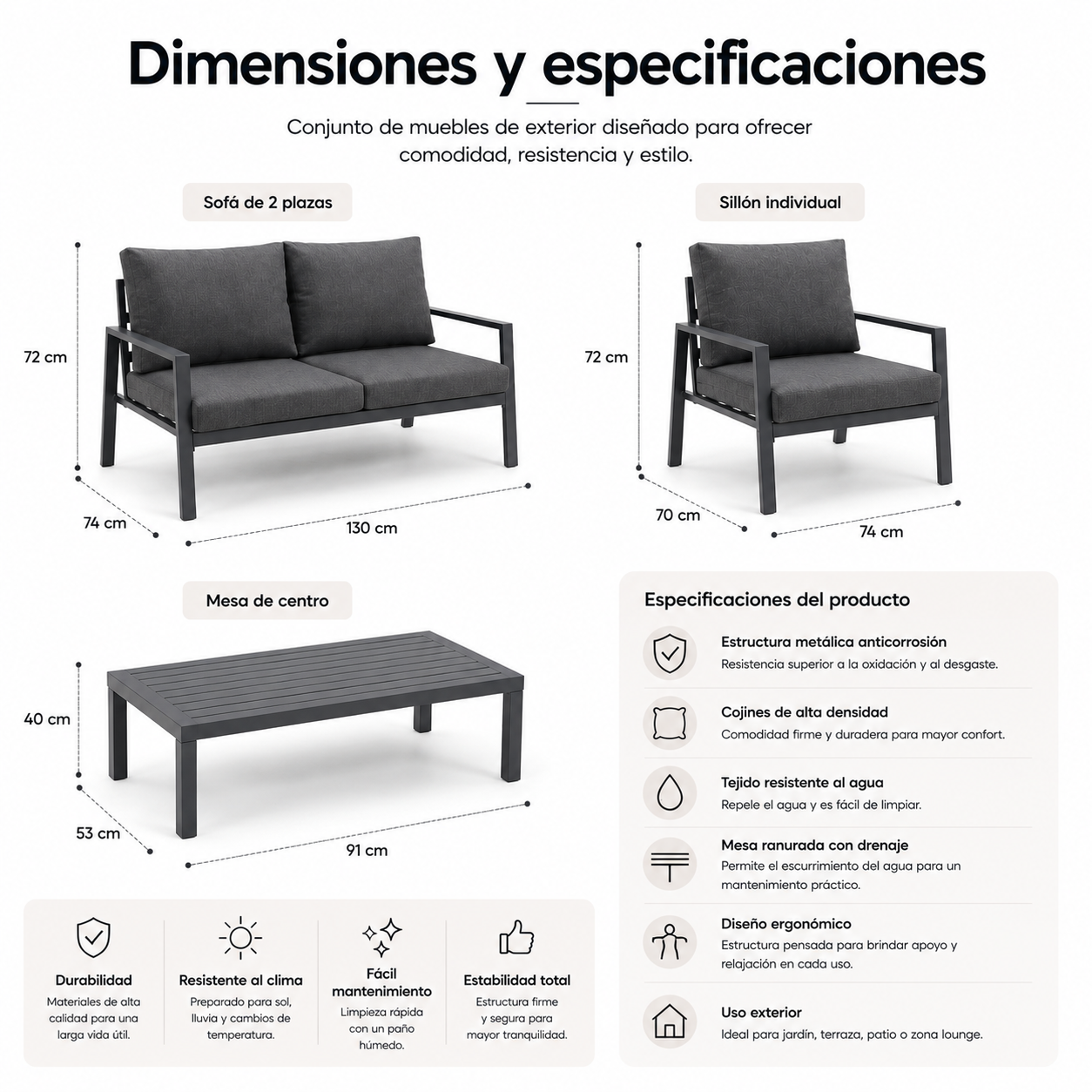 Diagrama con dimensiones y especificaciones de muebles de exterior, incluyendo sofá, sillón y mesa.