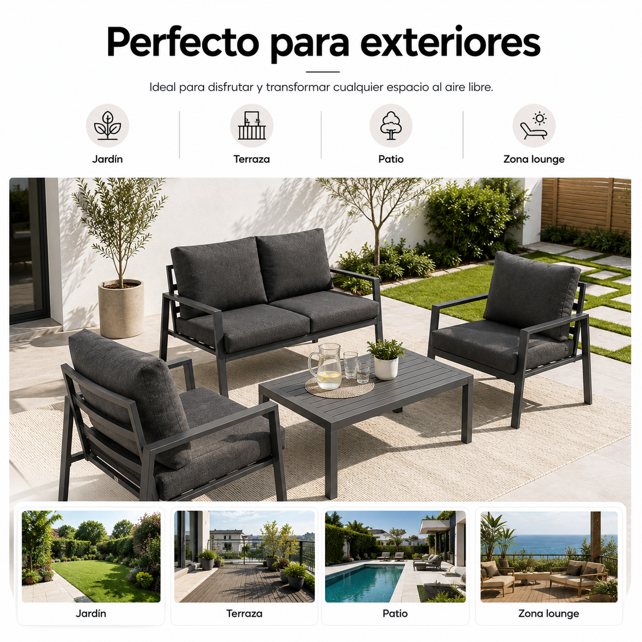 Conjunto de muebles de exterior modernos con estructura metálica negra y cojines grises.