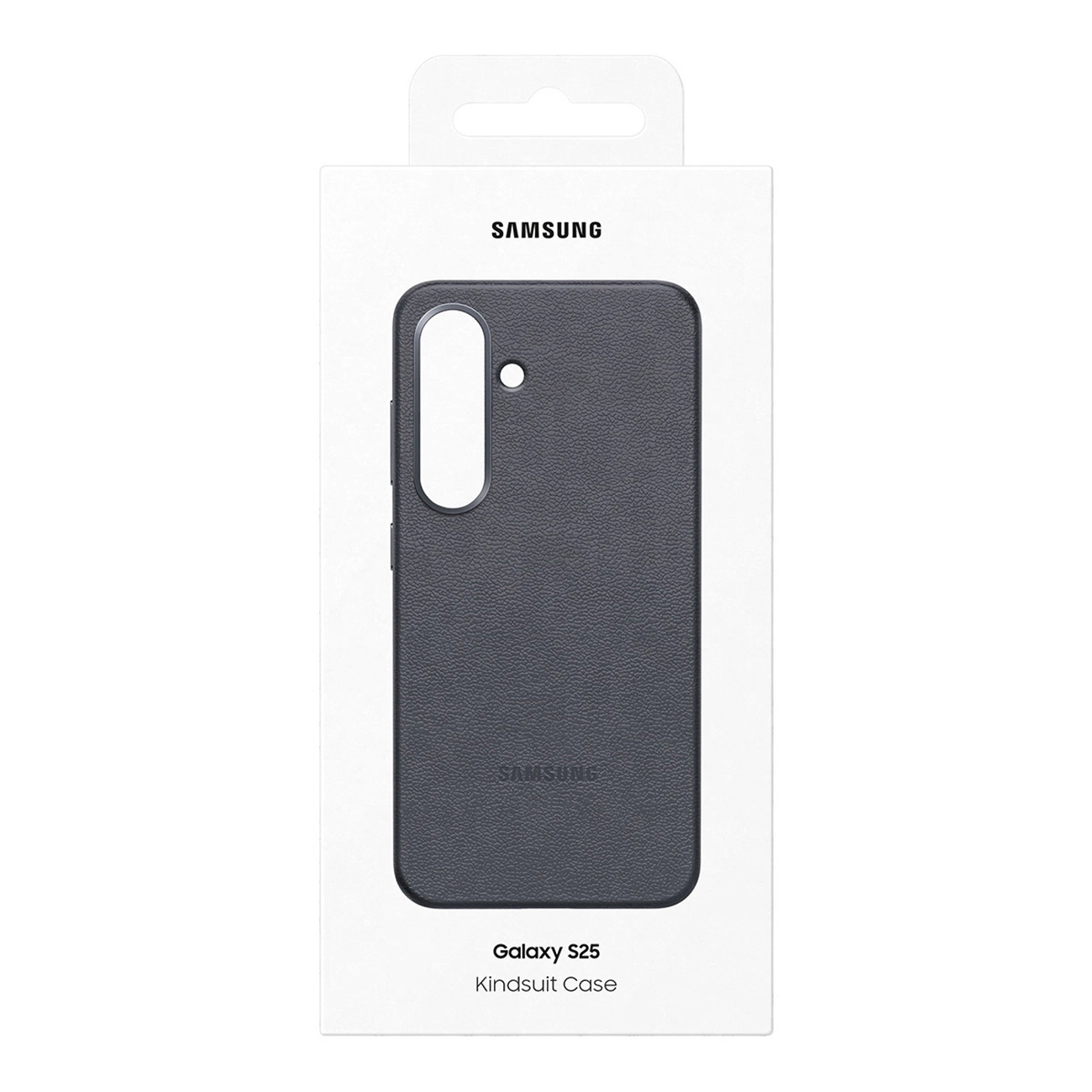 Una custodia Kindsuit grigio scuro per Samsung Galaxy S25 nella sua confezione bianca originale.