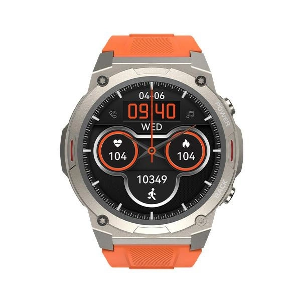 Pomarańczowo-srebrny smartwatch z cyfrowym wyświetlaczem pokazującym czas i dane zdrowotne na białym tle.