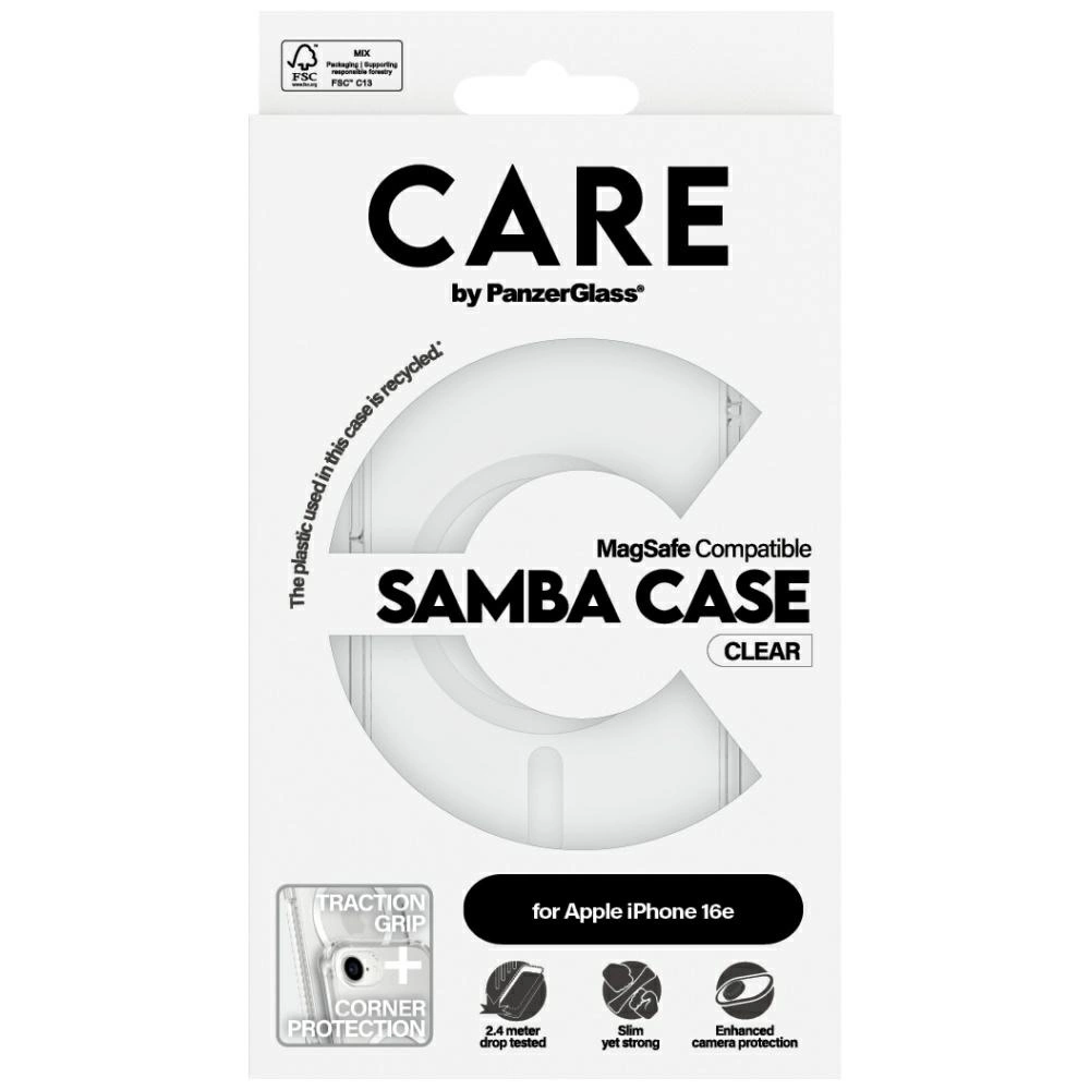 Emballage de la coque PanzerGlass Care Samba pour Apple iPhone 16e, transparente avec du texte noir.