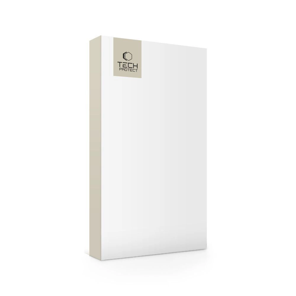 Una scatola di prodotti TechProtect bianca rettangolare verticale su sfondo bianco con logo grigio.