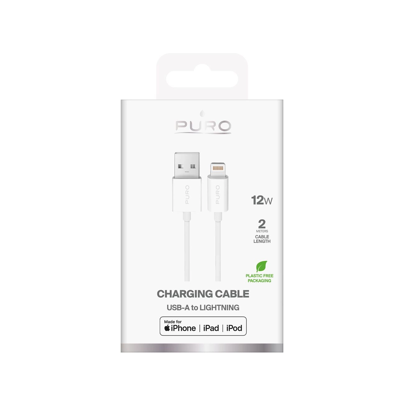 Una caja blanca de un cable de carga Puro USB-A a Lightning con detalles de texto sobre fondo claro.