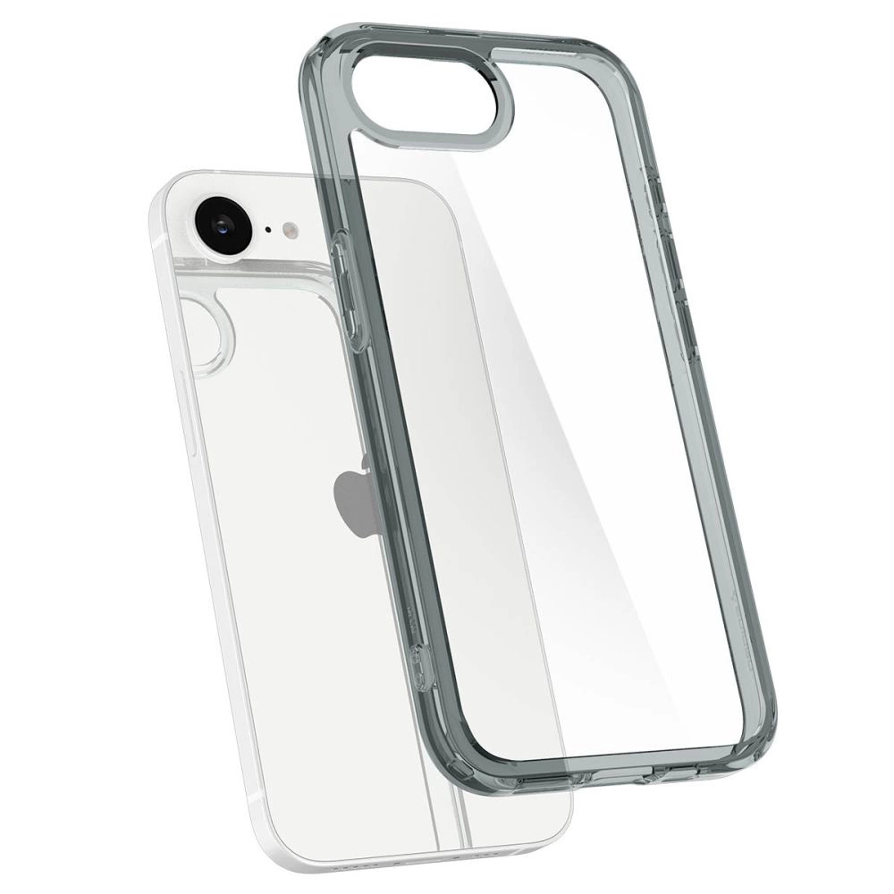 Uno smartphone bianco con custodia protettiva grigia trasparente su sfondo bianco.