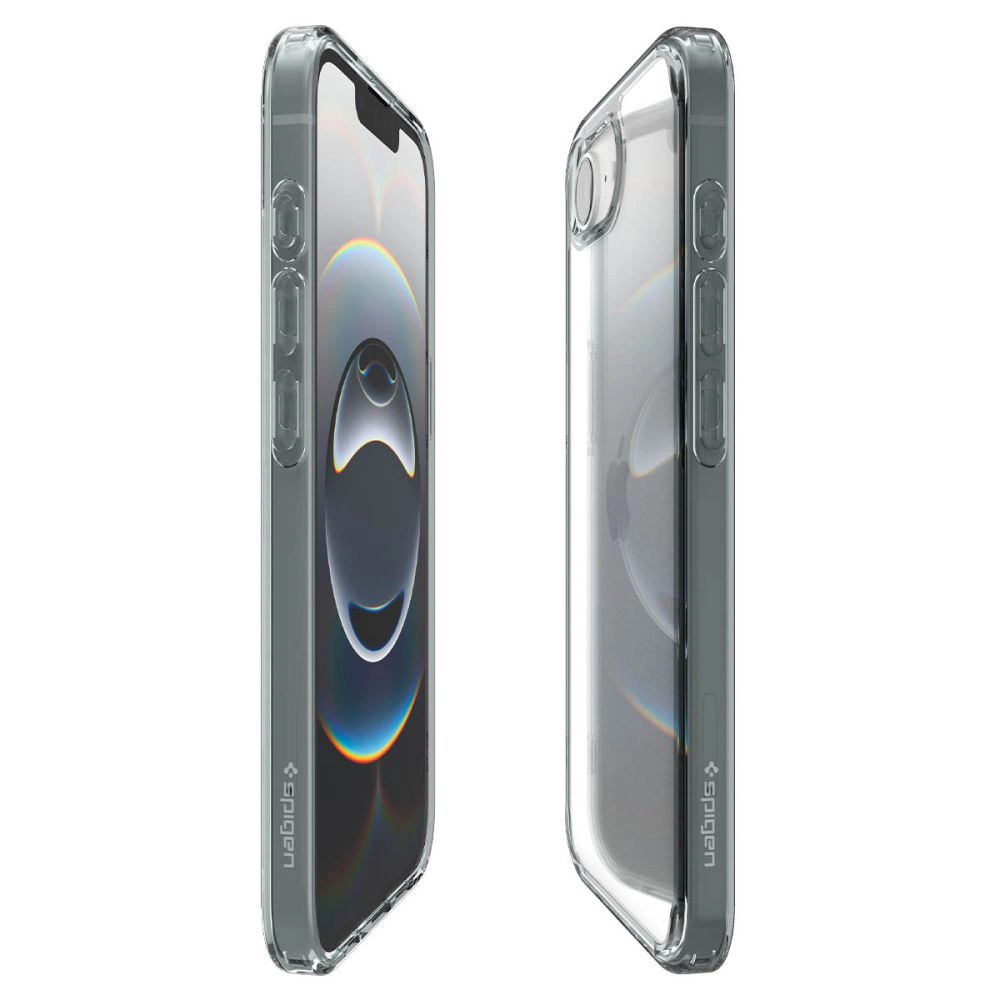 Due viste di uno smartphone con cover protettiva trasparente su sfondo bianco.