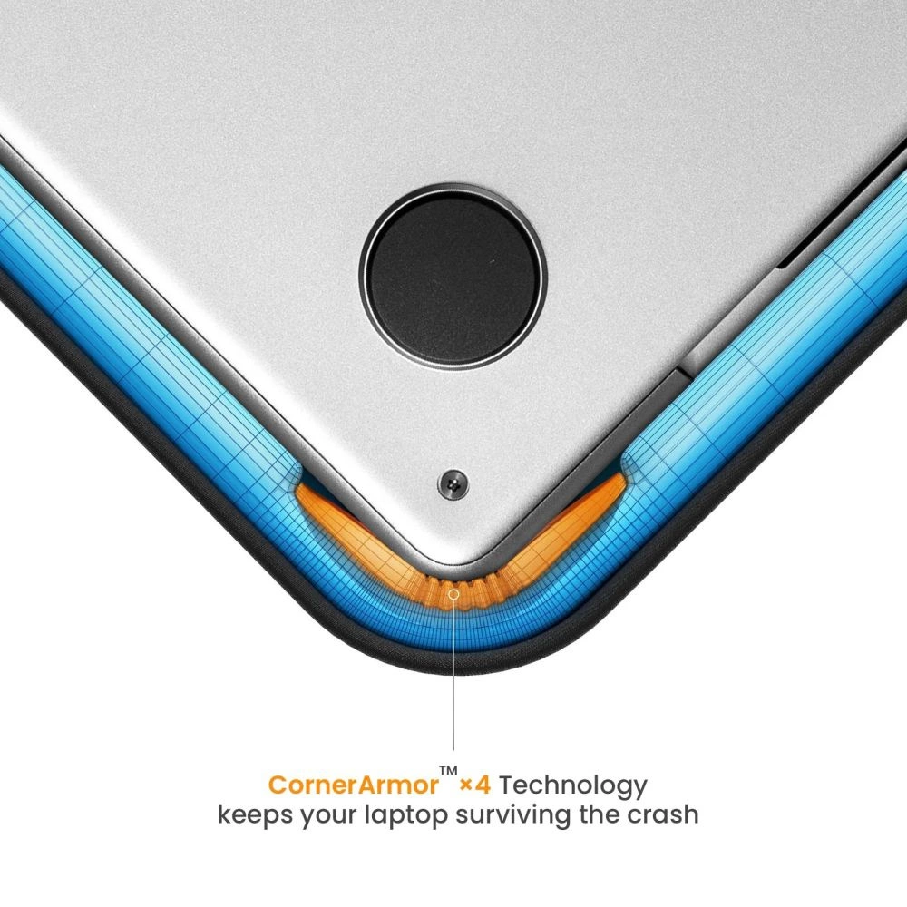 Nahaufnahme einer Laptopschutzecke mit blauer und orangefarbener Polsterung.