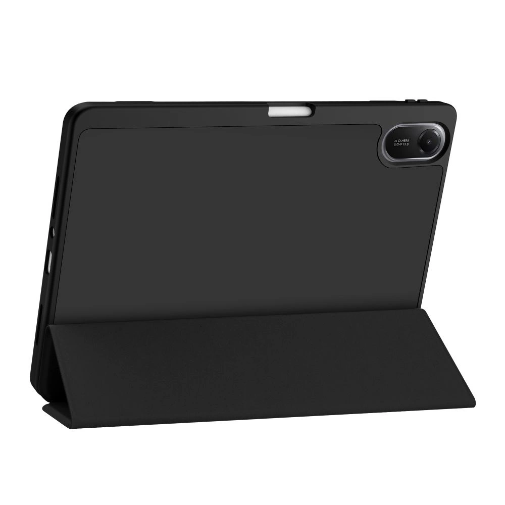 Un tablet nero in una custodia che fa da supporto, su sfondo bianco.