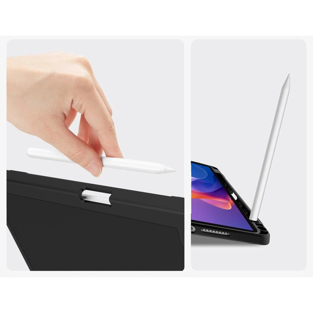 Una mano inserisce una penna bianca nella custodia nera di un tablet, con un'altra vista che mostra la penna in piedi.