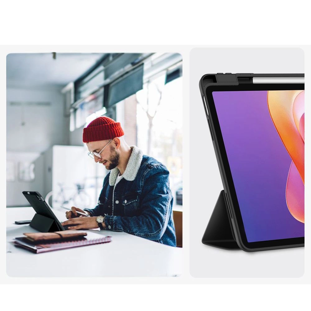 Un uomo con berretto rosso usa un tablet, accanto al primo piano di un tablet in custodia nera.