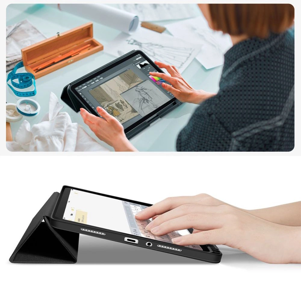 Una persona disegna su un tablet a una scrivania usando strumenti digitali.