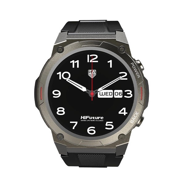 Une montre intelligente noire et grise avec un cadran analogique et des chiffres blancs sur fond blanc.