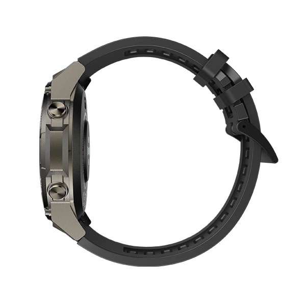 Vue latérale d'une montre connectée noire avec boîtier en métal et bracelet résistant sur fond blanc.