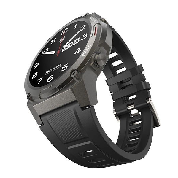 Une montre connectée noire robuste avec un cadran rond et un bracelet en silicone texturé sur fond blanc.