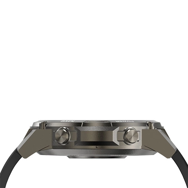 Vue latérale d'une montre connectée sombre avec des boutons physiques à droite et un bracelet noir sur fond blanc.
