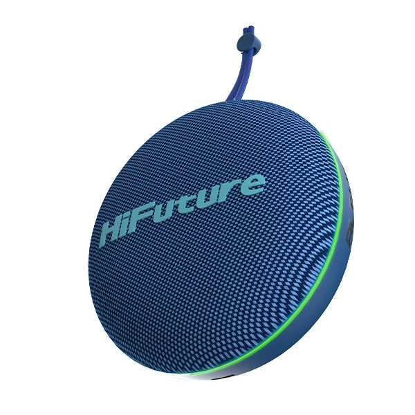 Une enceinte Bluetooth HiFuture bleue ronde avec dragonne et bord lumineux vert.