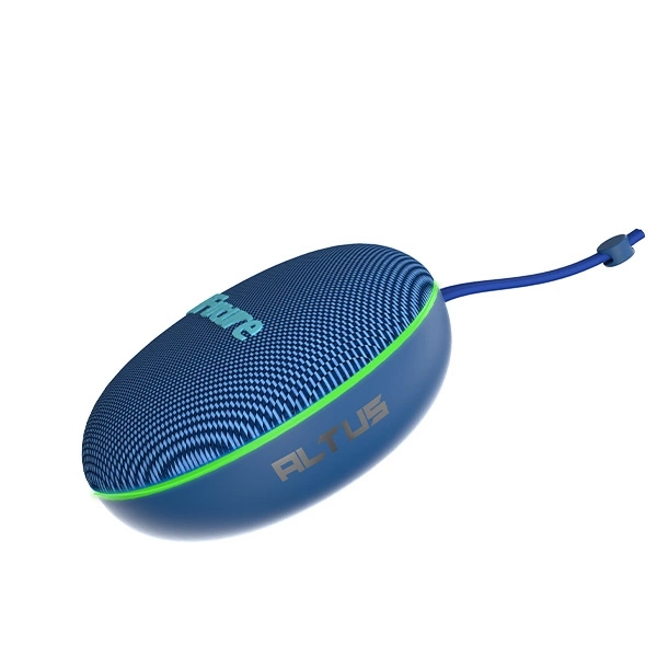 Une enceinte Bluetooth ovale bleue avec un anneau vert lumineux et une lanière bleue sur fond blanc.