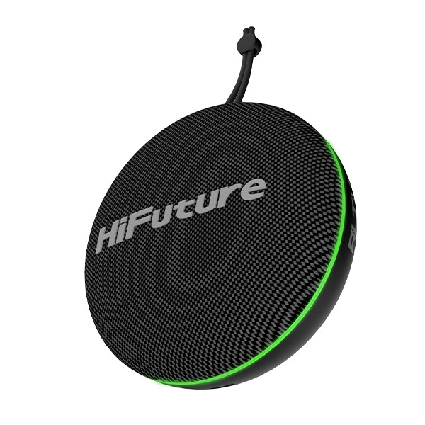Haut-parleur Bluetooth HiFuture noir rond avec lumière verte et cordon noir.