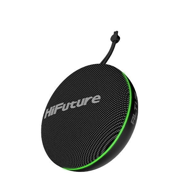 Une enceinte HiFuture ronde et noire avec un anneau lumineux vert et une lanière sur fond blanc.