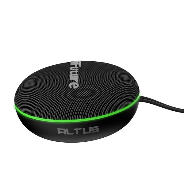Une enceinte Altus ronde et noire avec une bande LED verte brillante et un câble noir sur fond blanc.