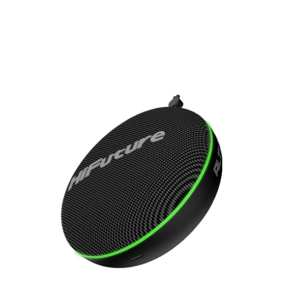 Un haut-parleur rond noir HiFuture avec un anneau lumineux vert et un petit crochet sur le dessus, sur fond blanc.