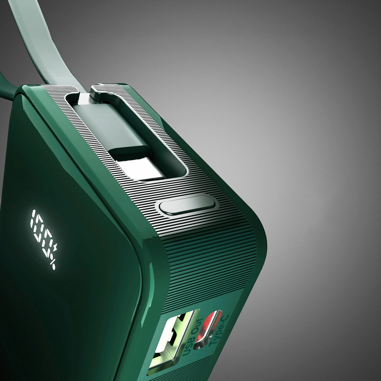 Eine glänzende grüne Powerbank mit Digitaldisplay, USB- und Typ-C-Anschluss vor grauem Hintergrund.