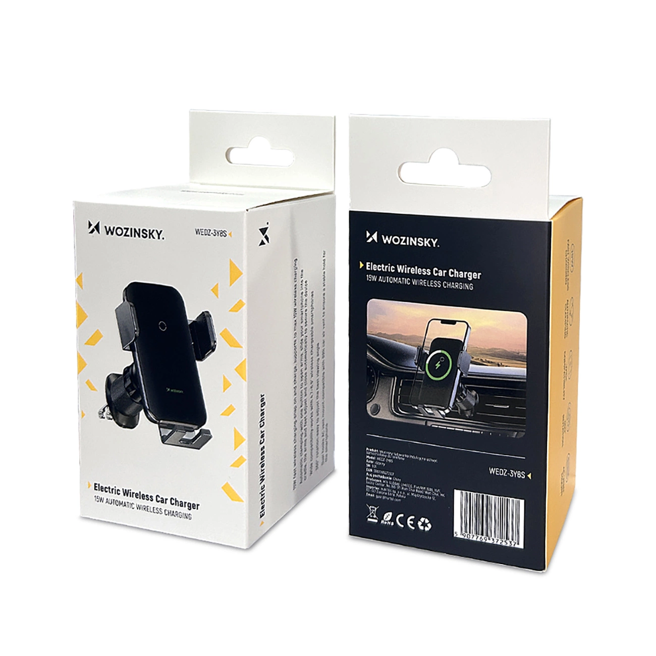Deux boîtes de produits d'un chargeur de voiture sans fil Wozinsky sur fond blanc.