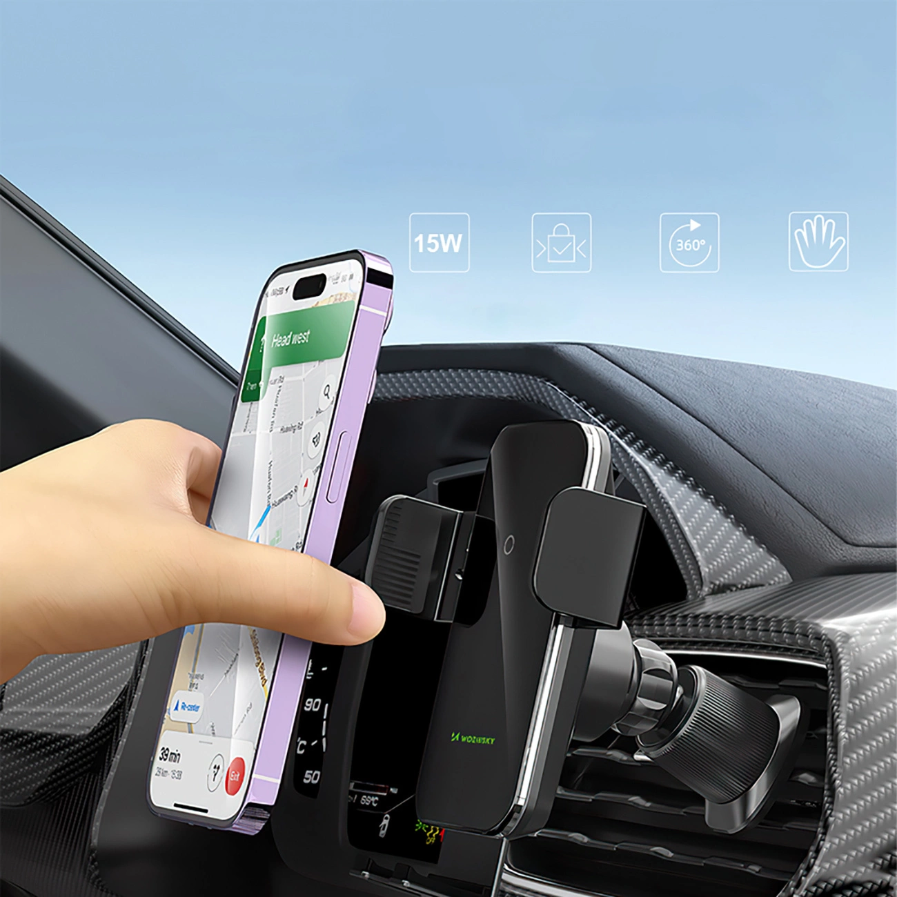 Une main place un smartphone sur un support d'aération avec des icônes 15W, rotation 360 degrés et capteur tactile.