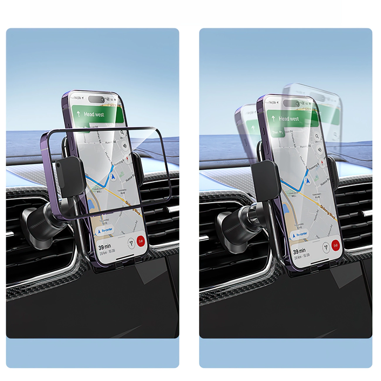 Deux vues d'un support de téléphone pour voiture sur grille d'aération affichant une carte de navigation.