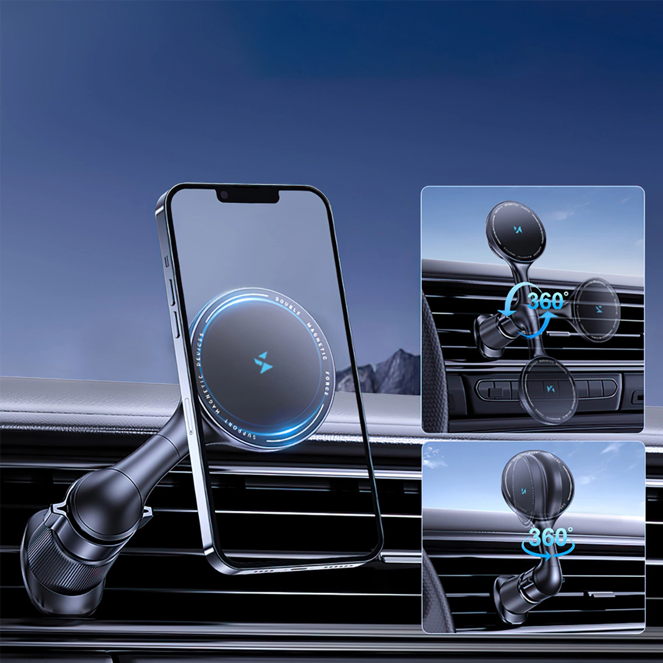 Support de téléphone magnétique noir sur une grille d'aération, montrant des fonctions de rotation à 360 degrés.