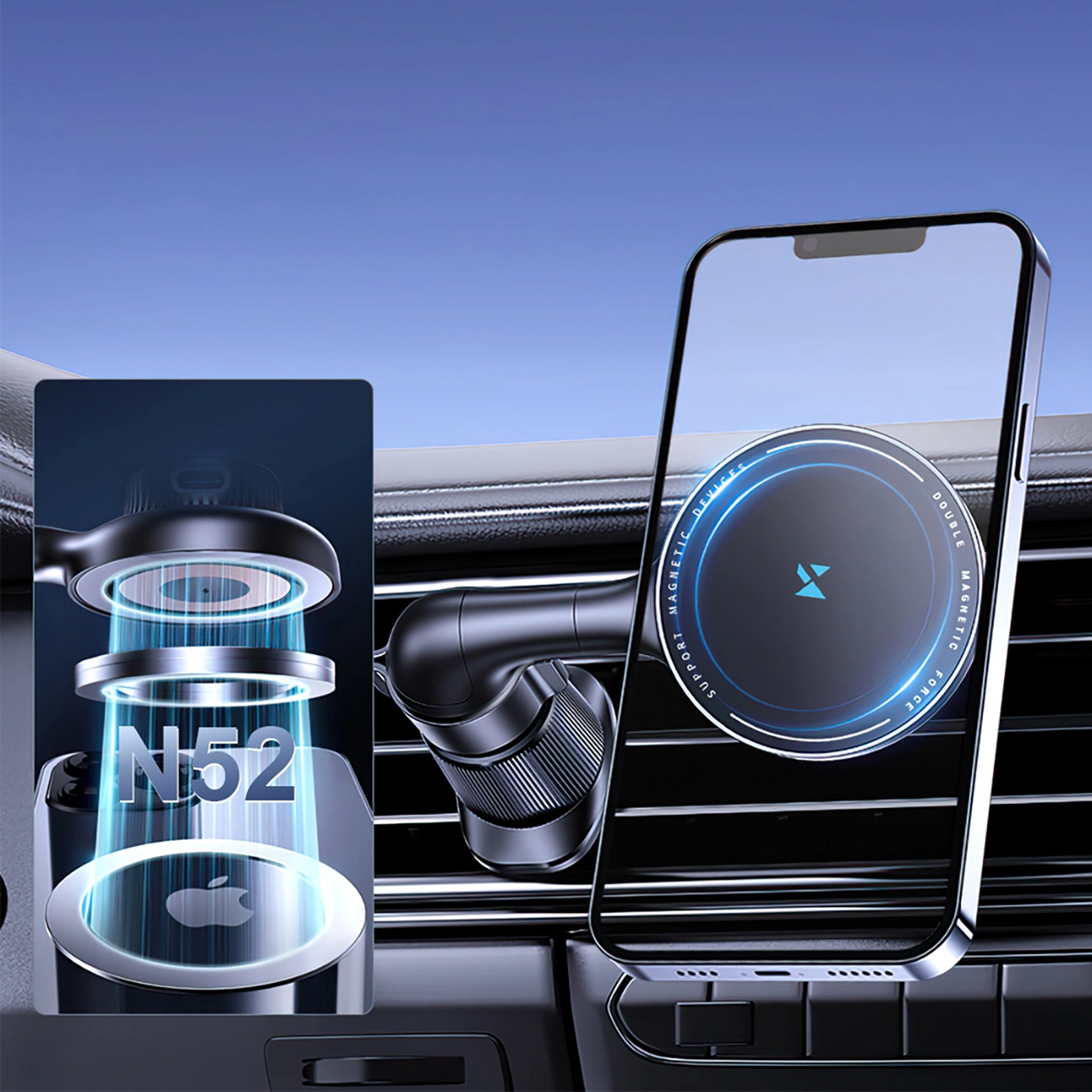 Smartphone monté sur un support de voiture magnétique avec la technologie N52 sur la grille d'aération.