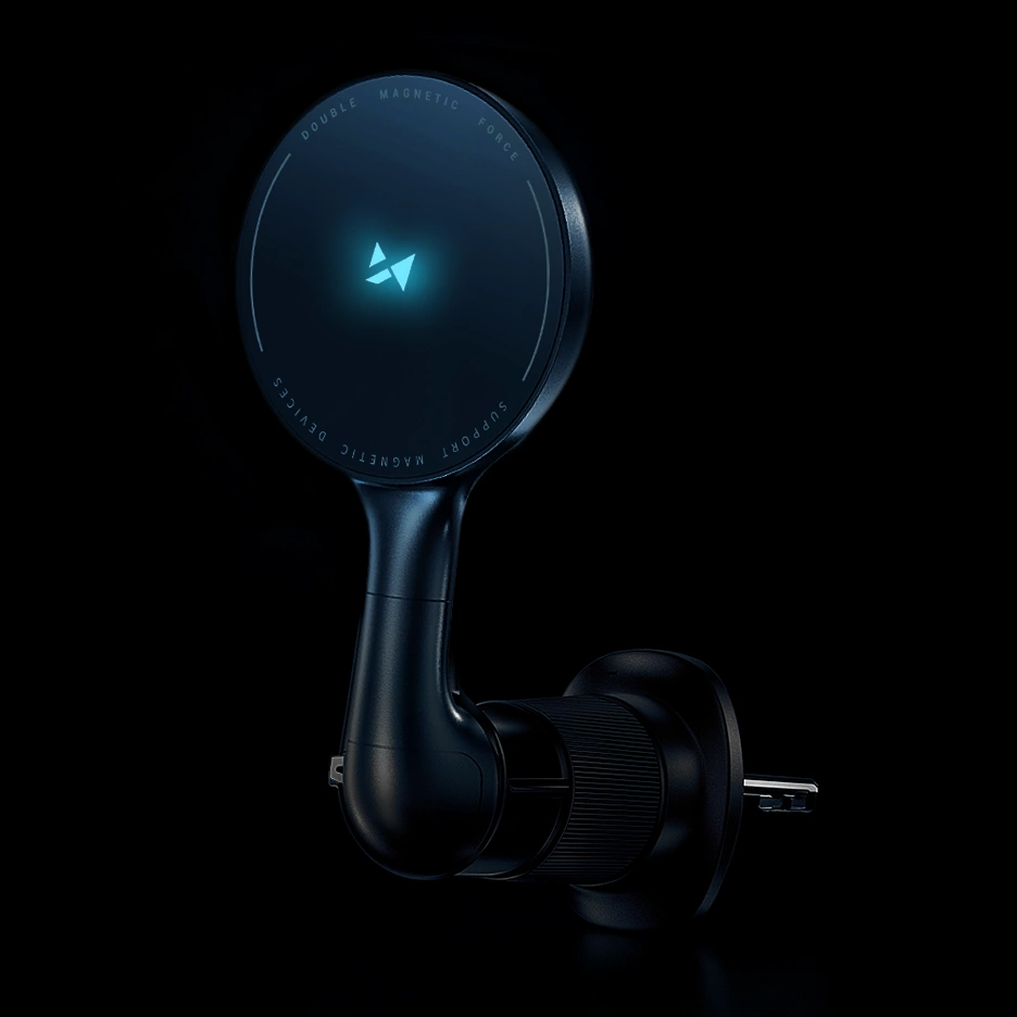 Support de voiture magnétique noir avec une lumière bleue brillante sur le coussin rond, fond sombre.