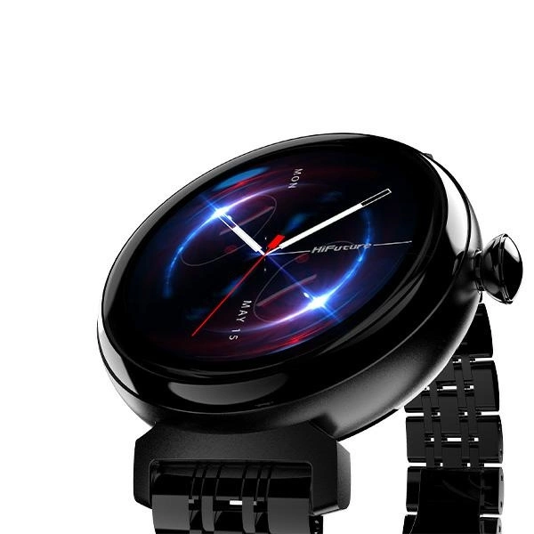 Une montre connectée noire avec un écran rond et un bracelet en métal sur fond blanc.