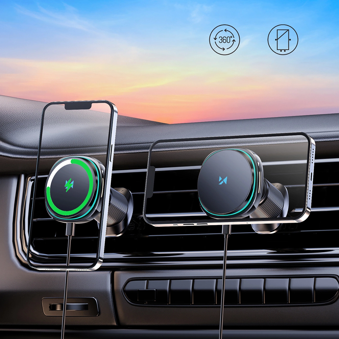 Deux chargeurs de voiture sans fil sur les grilles d'aération avec smartphones en mode portrait et paysage.