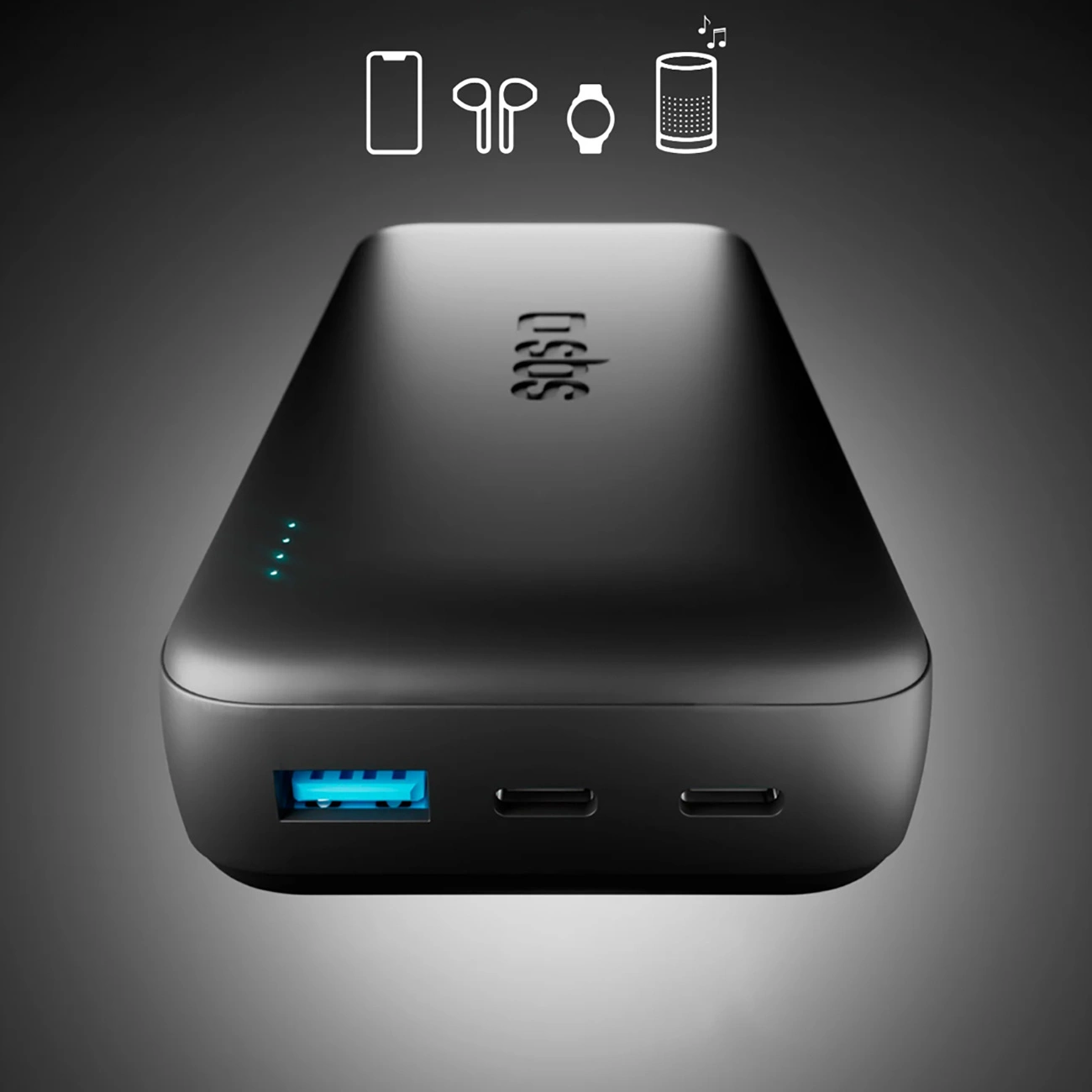 Power bank nera con una porta USB blu, due porte USB-C e quattro spie LED di ricarica.