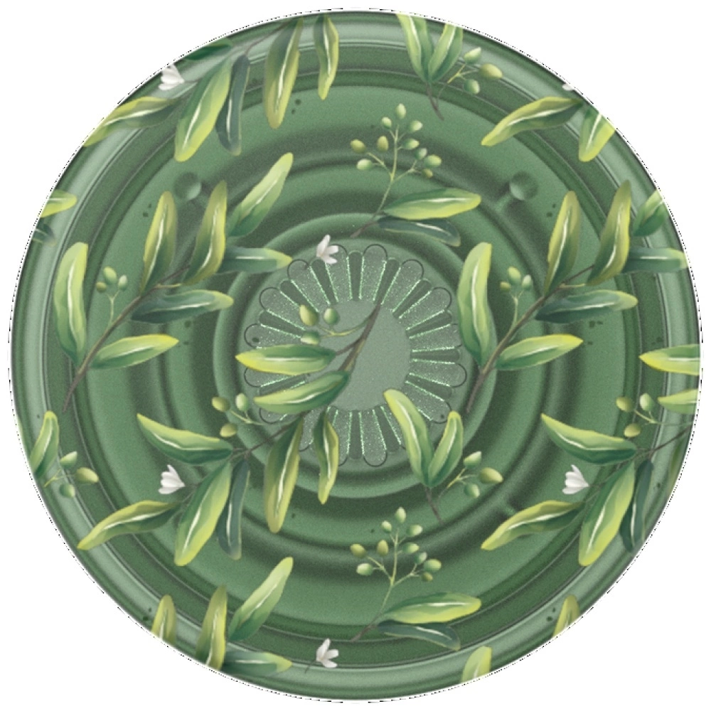 Piatto verde rotondo con motivo di rametti di ulivo e fiori bianchi.