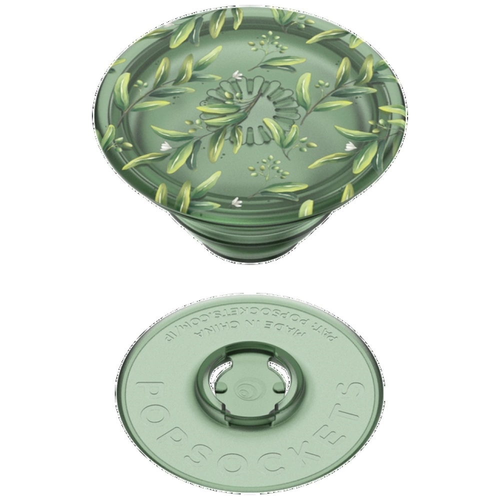 Un PopSocket verde con motivo di ramo d'ulivo e la base con il marchio in rilievo.