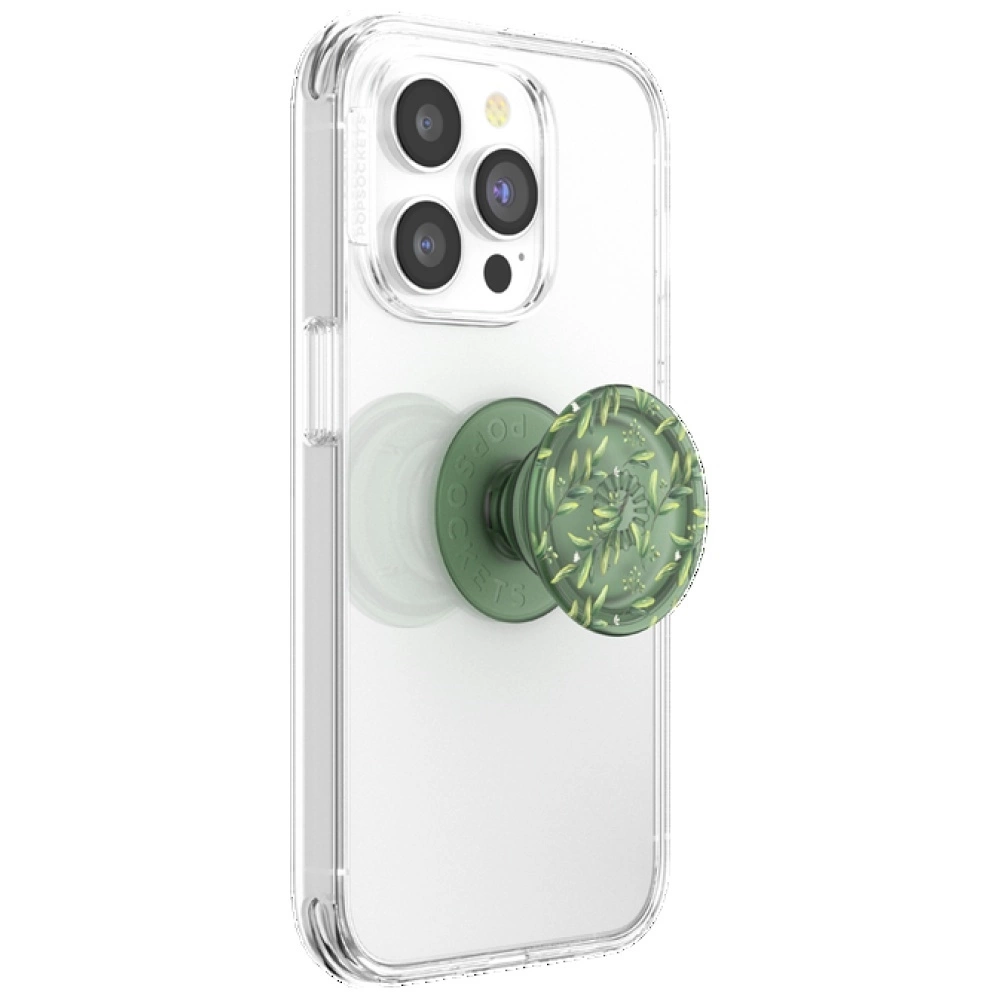 Una custodia trasparente con un supporto verde con motivo a foglia sul retro.