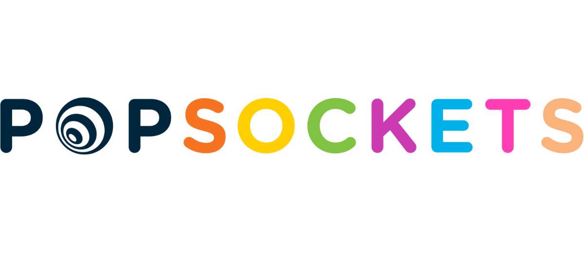 Il colorato logo Popsockets con lettere blu scuro, arancione, giallo, verde, viola, blu, rosa e pesca.