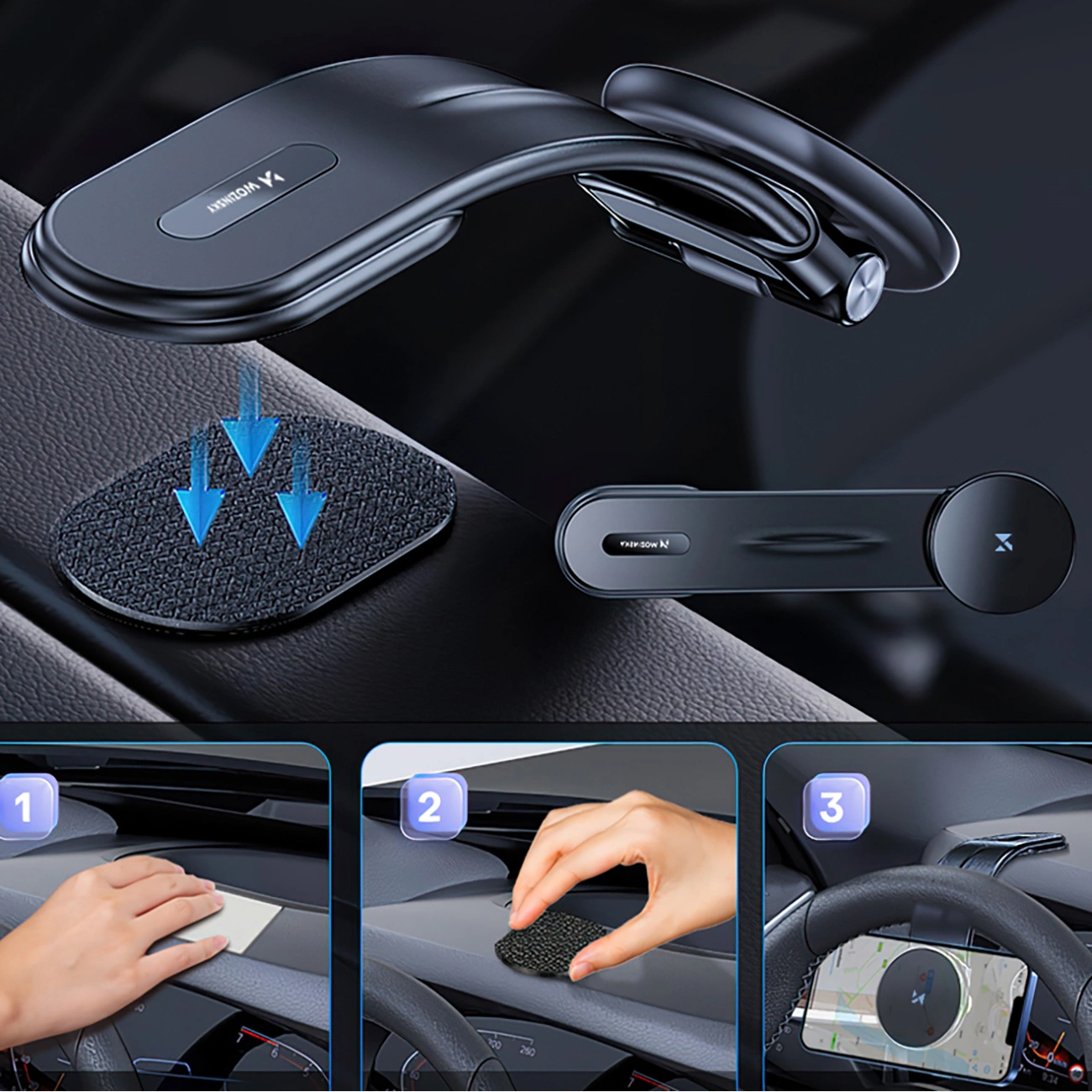 Support de téléphone noir pour voiture sur un tableau de bord avec étapes d'installation.