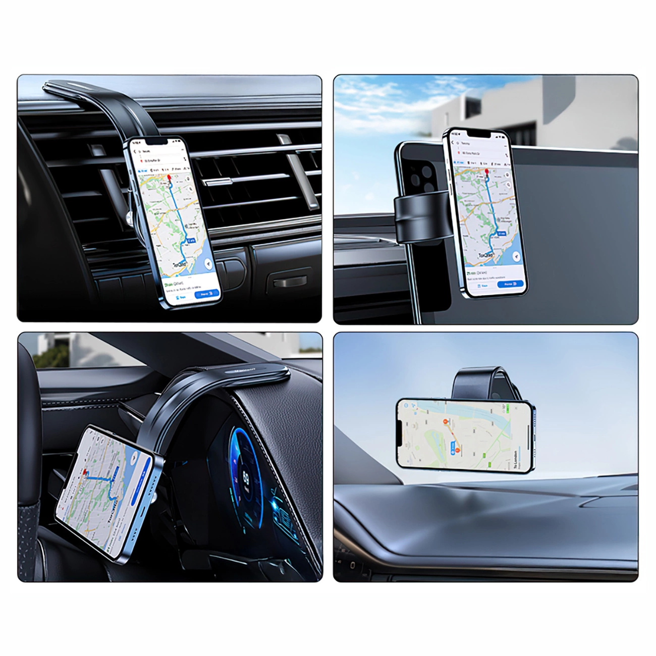 Quatre vues d'un smartphone fixé sur différentes parties d'une voiture.