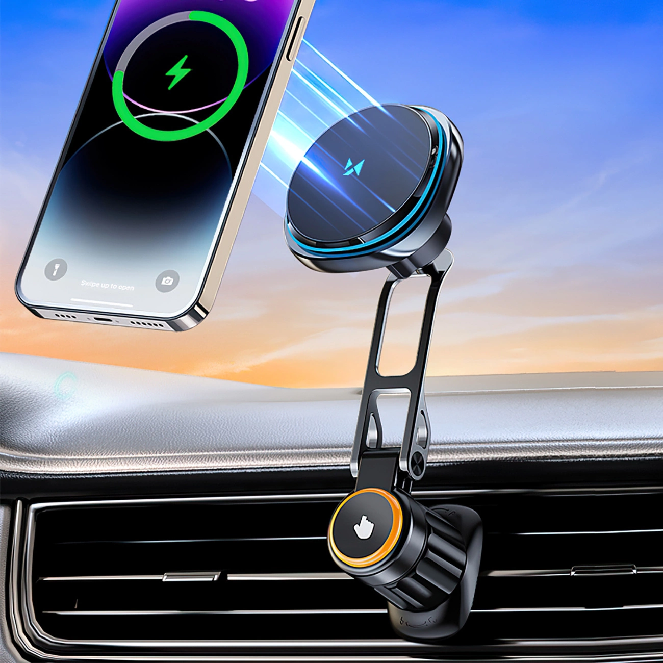 Un support de téléphone magnétique pour voiture est fixé aux grilles d'aération et maintient un smartphone.