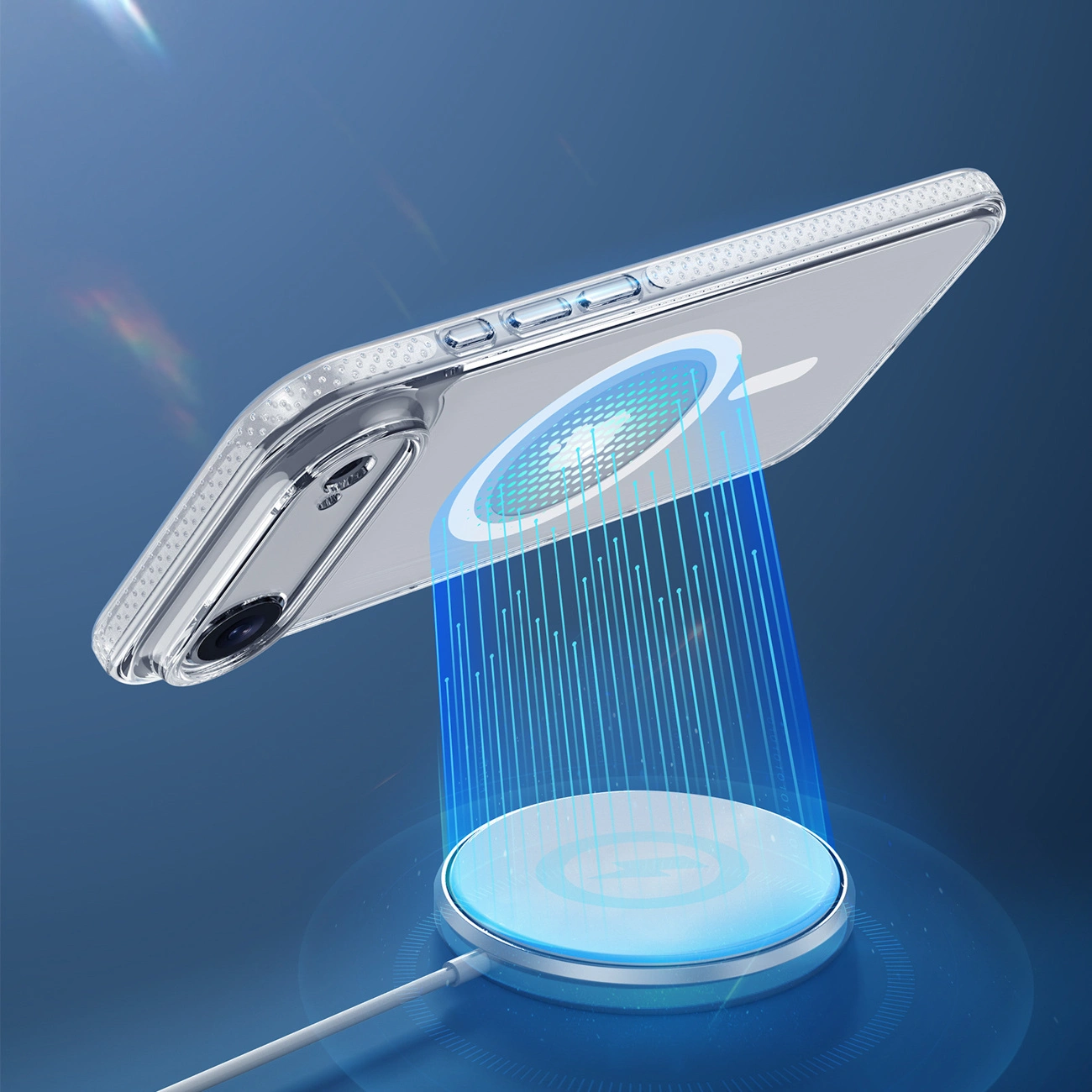 Ein Smartphone mit transparenter Hülle wird kabellos auf einer blauen Ladestation aufgeladen.