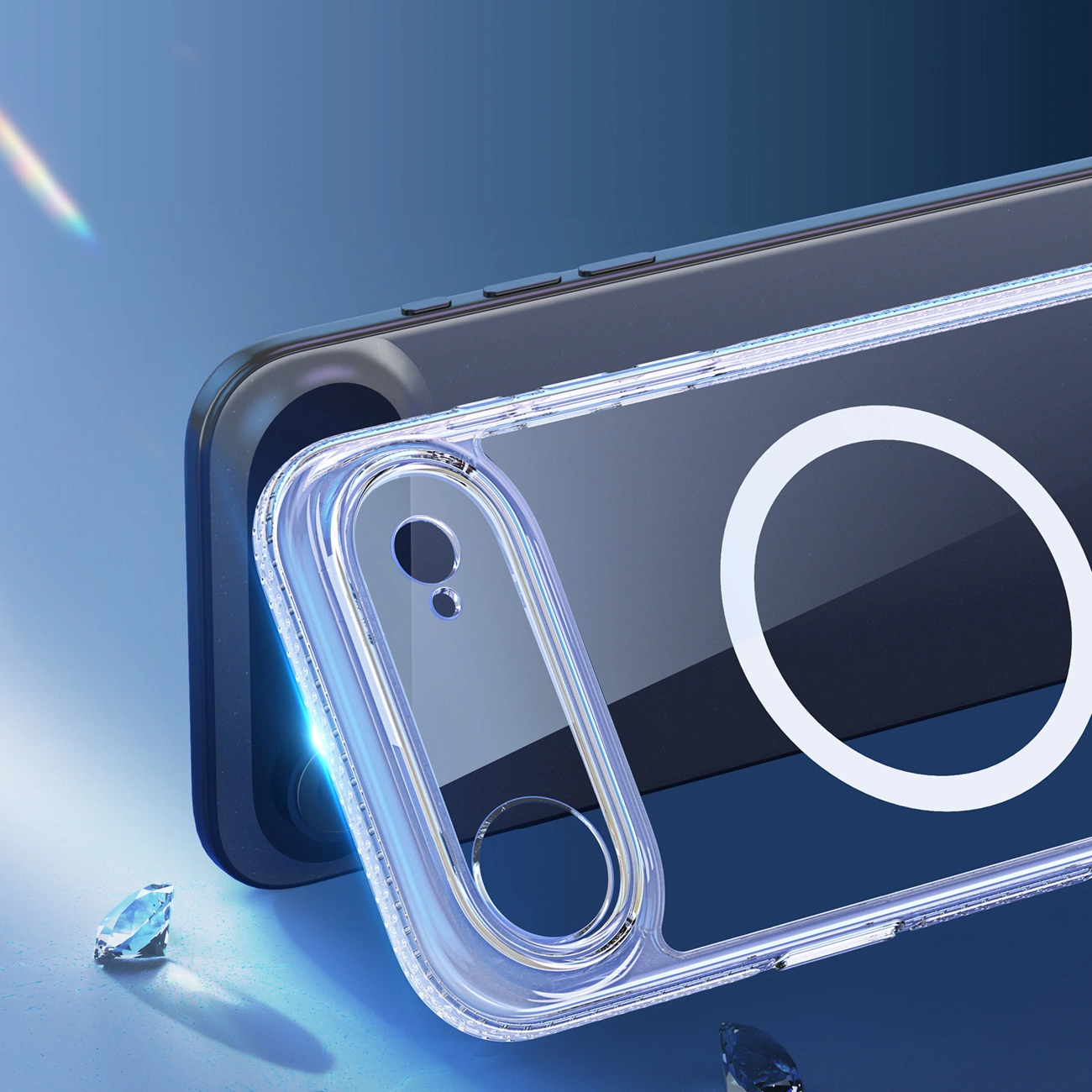 Eine klare Smartphone-Hülle mit magnetischem Ring auf einer blauen Oberfläche, mit kleinen Diamanten.