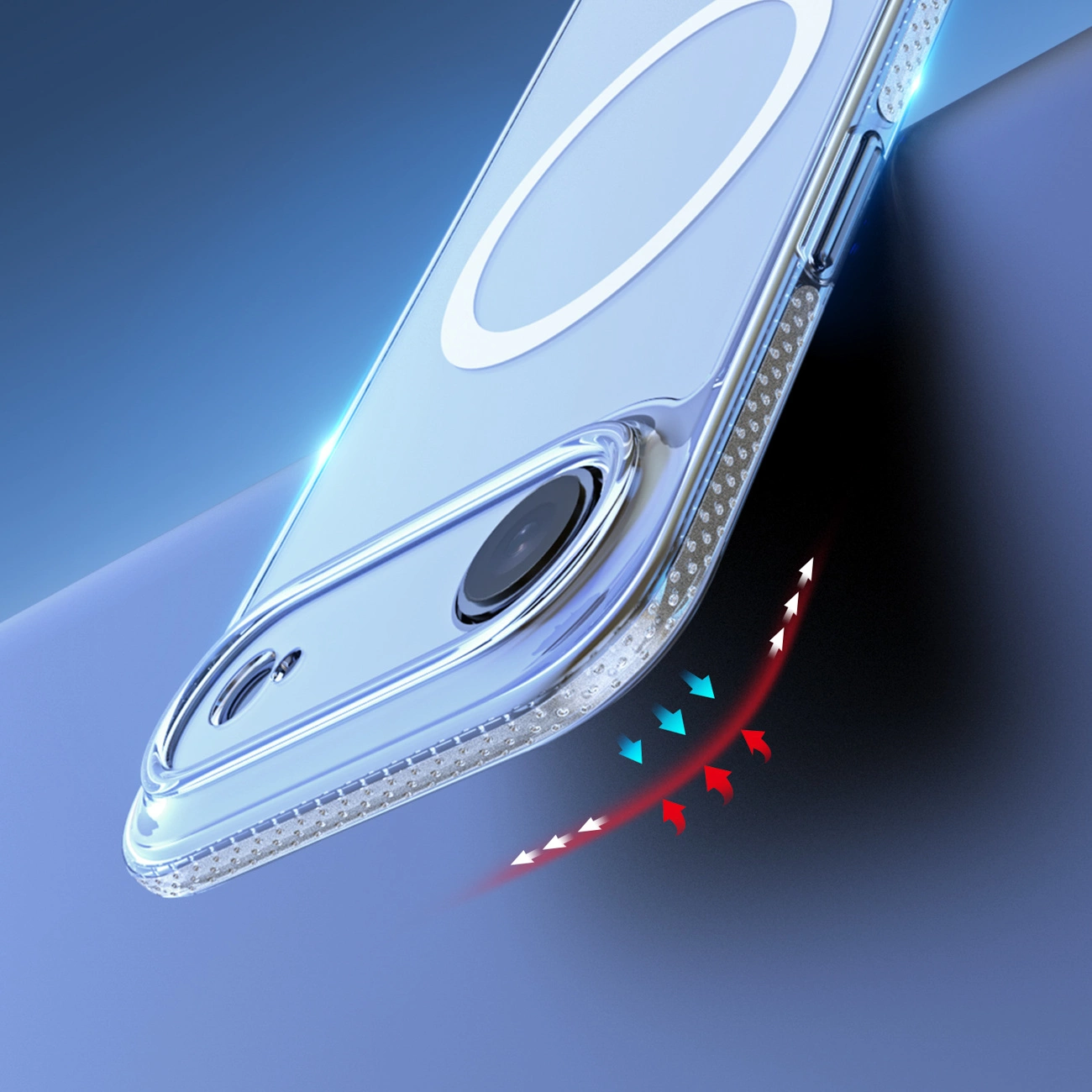 Eine transparente Handyhülle auf blauer Oberfläche mit Pfeilen für Schutz und Luftzirkulation.